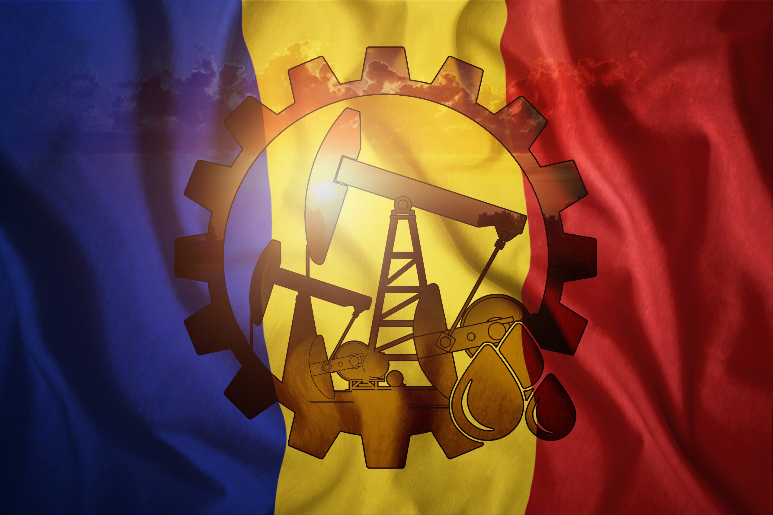 Oil rig against the background of the flag of Romania. Mixed environment. The concept of oil production, minerals, development of new deposits, well.